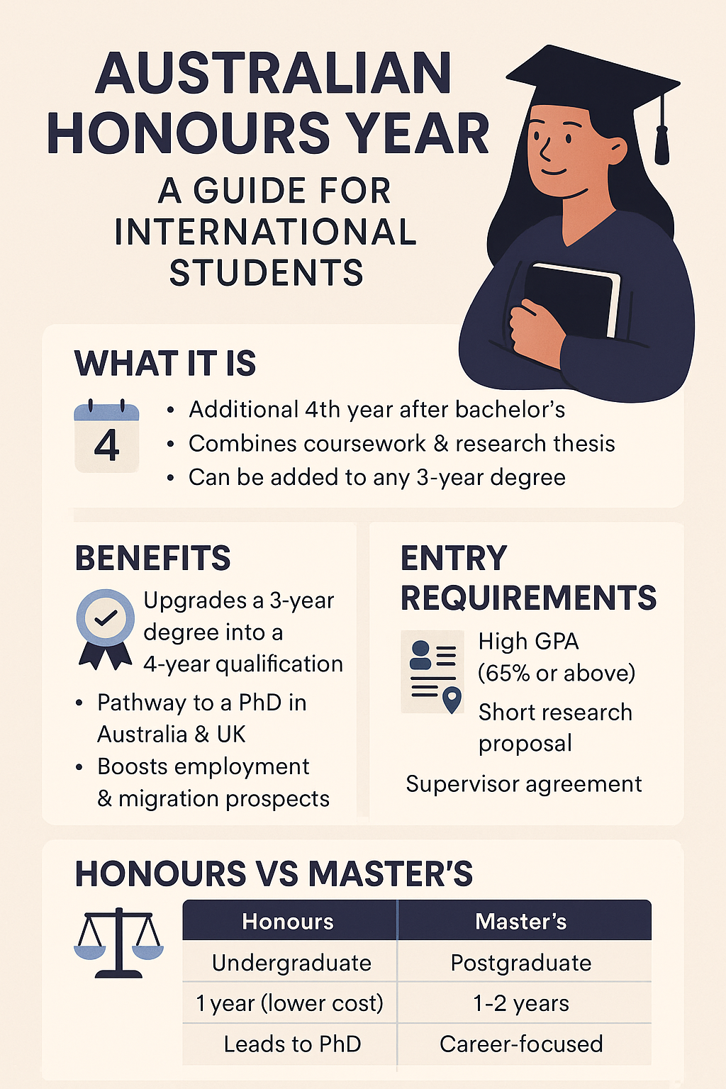 A guide on Honours in Australia for international students. Including the benefits, entry requirements and comparison to postgraduate qualifications.