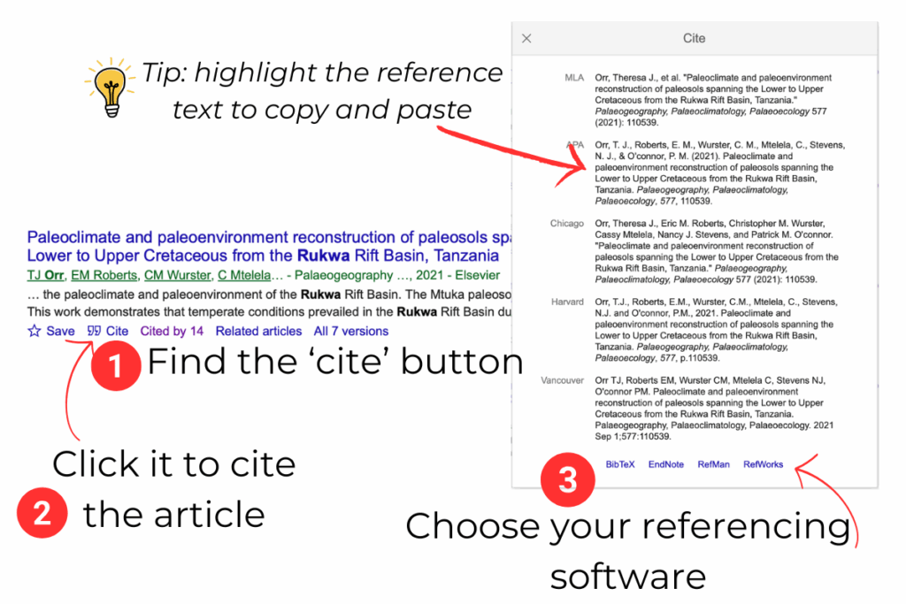 explanation of how to use the cite function in Google Scholar, including downloading citations and references for different software, and how to directly copy and paste into word.