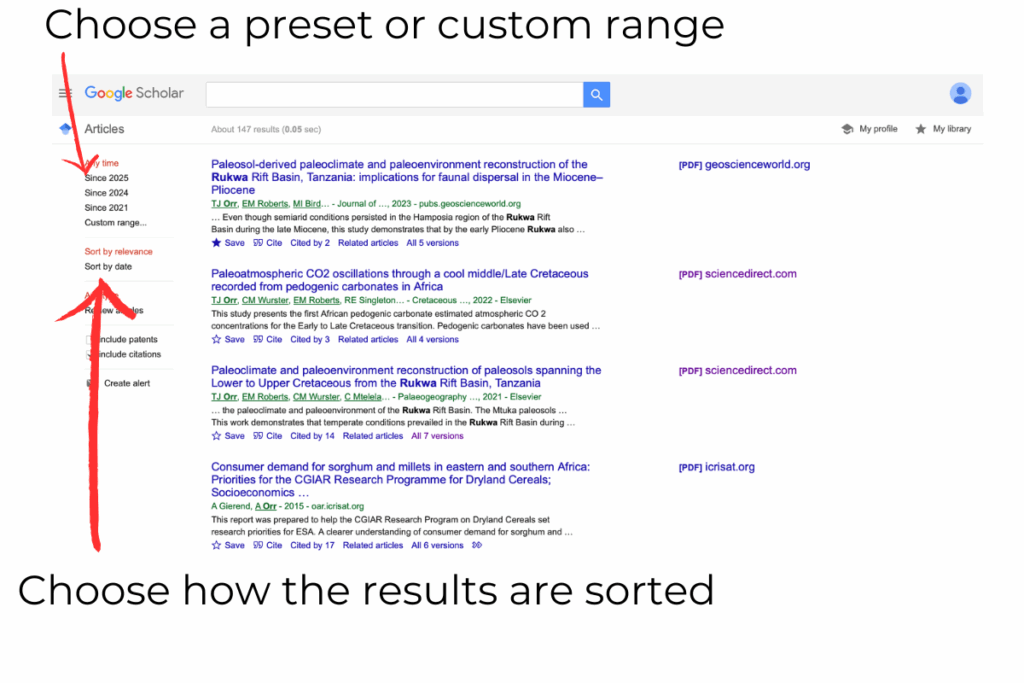 explanation on how to change the search results settings in google scholar, including the age range and relevance