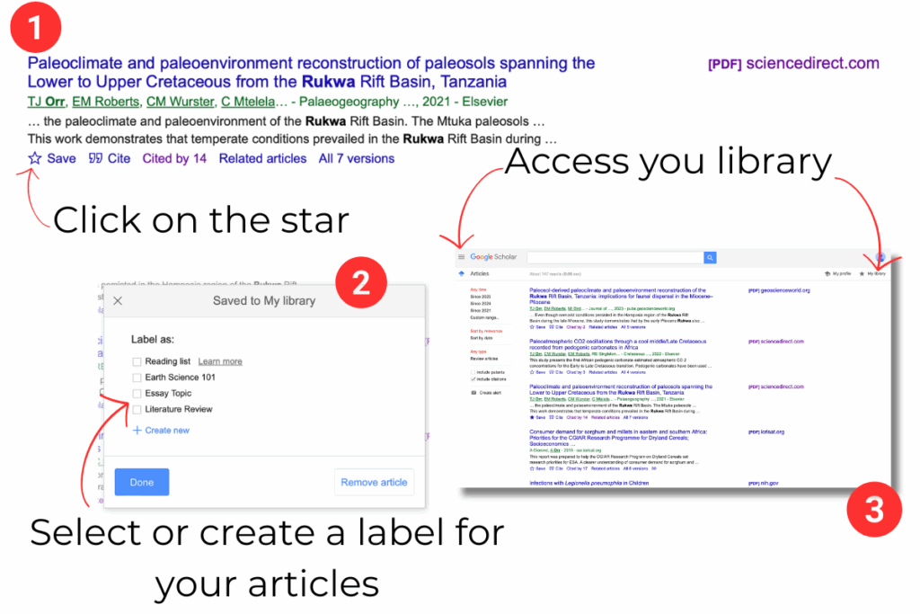 Explanation on how to use Google Scholar's save function and library. Including how to save journal articles to a library, create labels and access the library later.