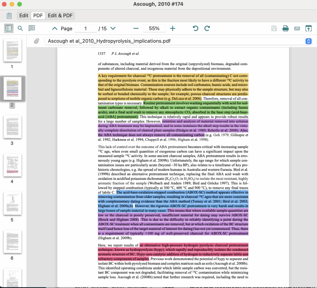 highlighted research notes on a pdf saved in endnote